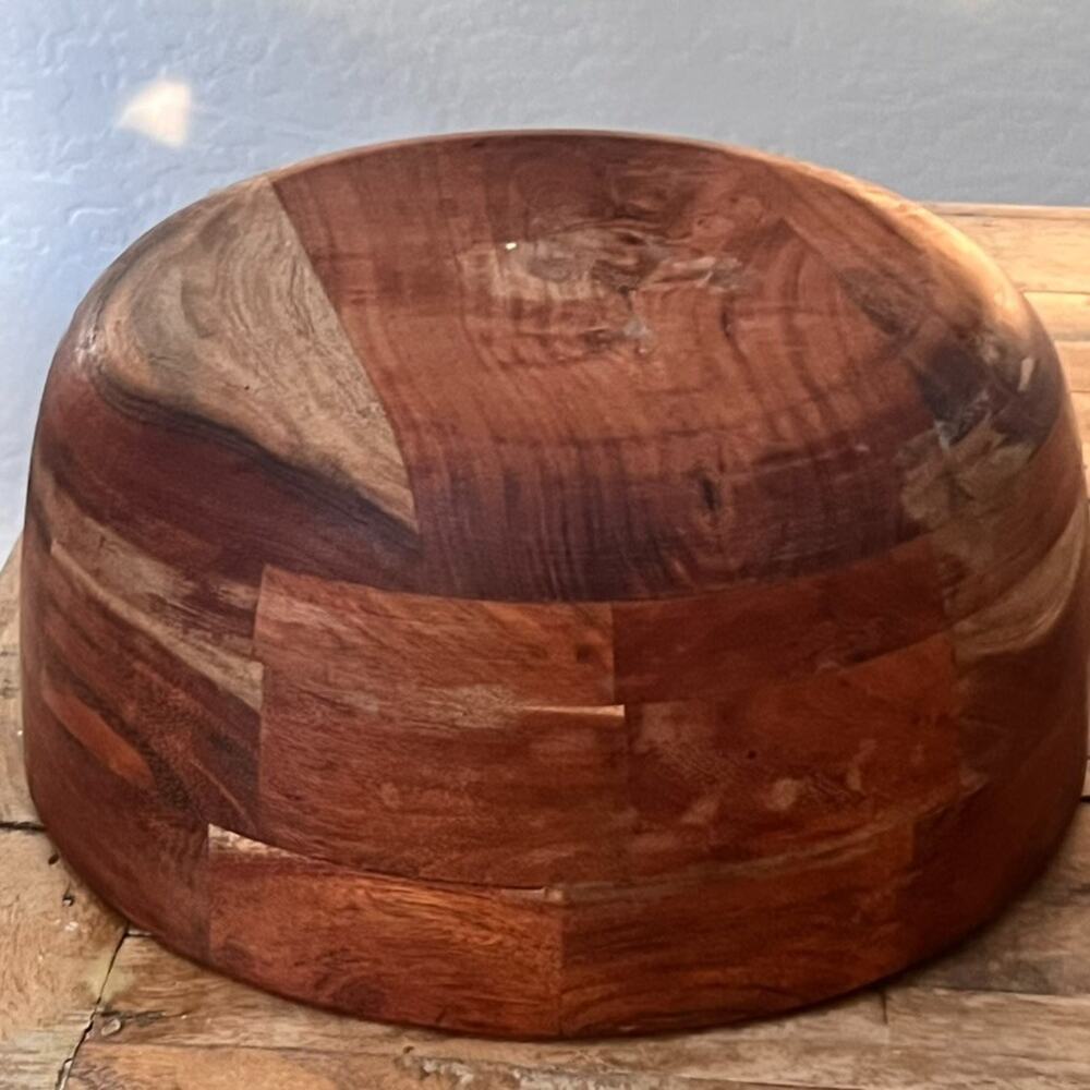 Large Acacia Wood Bowl Decor Serving Bowl 12.5" Tonal Hardwood Strips - Picture 9 of 12